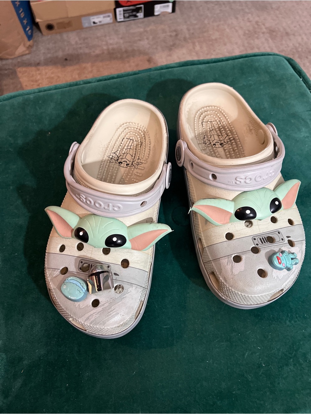 CROCS Classic Clogs with Baby Yoda Charms - Cream and Light Green